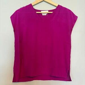 The Birds Womens Magenta Pink 100% Silk V-Neck Cap Sleeve Blouse Top Size Medium